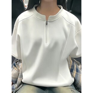 大码300斤解构半拉链t恤男夏美式硬挺重磅短袖polo衫立领正肩半袖