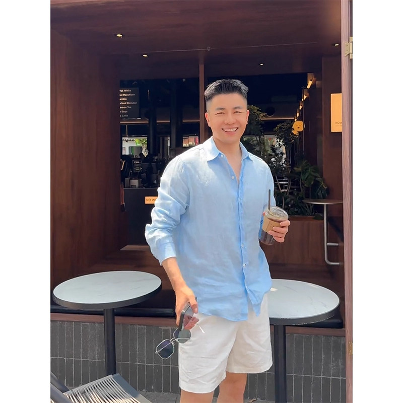 大码300斤轻熟风冰丝薄款长袖亚麻衬衫男夏季老钱风穿搭休闲衬衣2