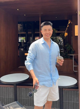 大码夏季冰丝薄款长袖亚麻衬衫男