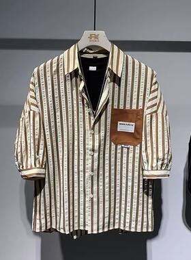 特大码300斤美式复古条纹衬衫男女夏季ins痞帅休闲七分袖衬衣外套