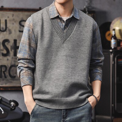 大码V领针织马甲男秋冬背心毛衣
