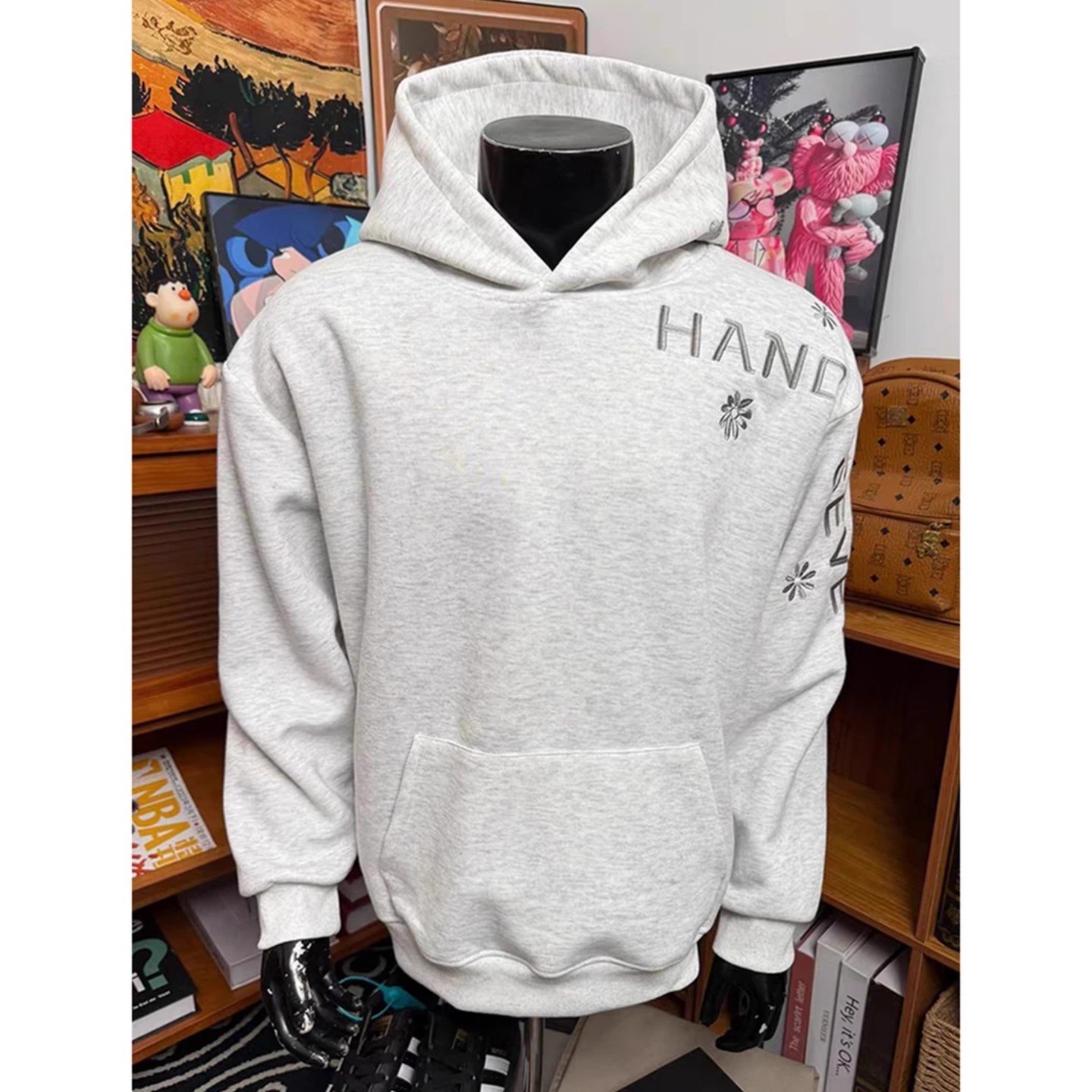 特大码重磅字母刺绣连帽卫衣男女