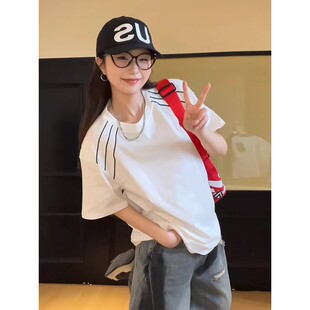 大码300斤垫肩三条杠短袖t恤男女款夏季美式cleanfit潮牌宽松上衣