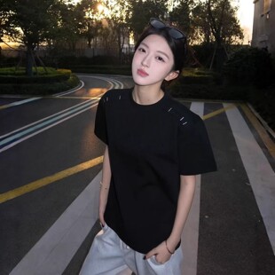 大码300斤美式解构拼接正肩短袖男女款夏季小领口t恤重磅五分半袖