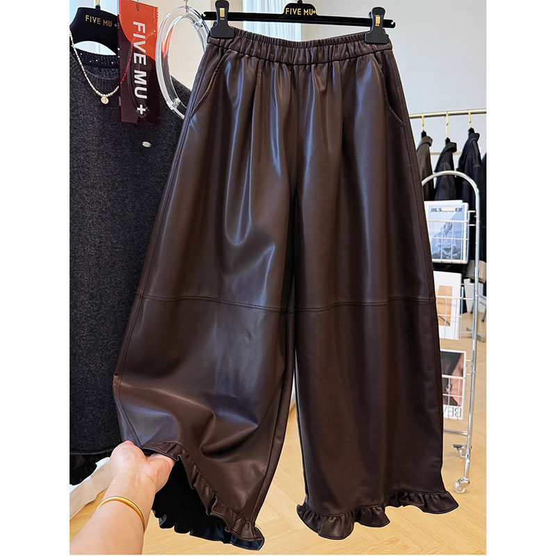 特大码300斤高级感木耳边休闲pu皮裤男女秋季宽松阔腿直筒九分裤,男装,休闲裤,淘宝优惠券,粉丝福利购,淘宝优惠卷