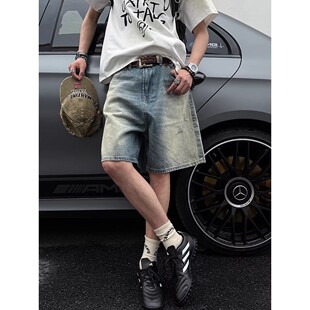 美式 宽松直筒五分中裤 复古水洗做旧破洞牛仔短裤 新款 潮 男夏季 大码
