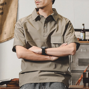 大码美式工装复古短袖t恤男士夏季高弹锦纶宽松衬衫领半袖POLO衫2