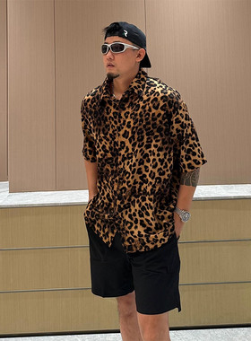 大码300斤豹纹短袖防晒衬衫男