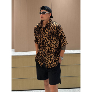 大码300斤豹纹短袖防晒衬衫男夏季轻薄速干半袖休闲外套宽松上衣2