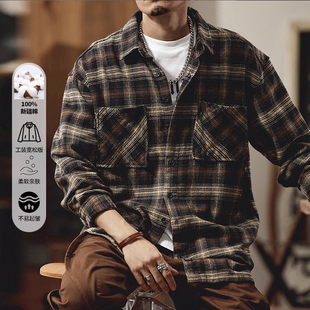 男士 衬衫 春秋款 美式 上衣 大码 复古格子潮流休闲长袖 300斤纯棉工装