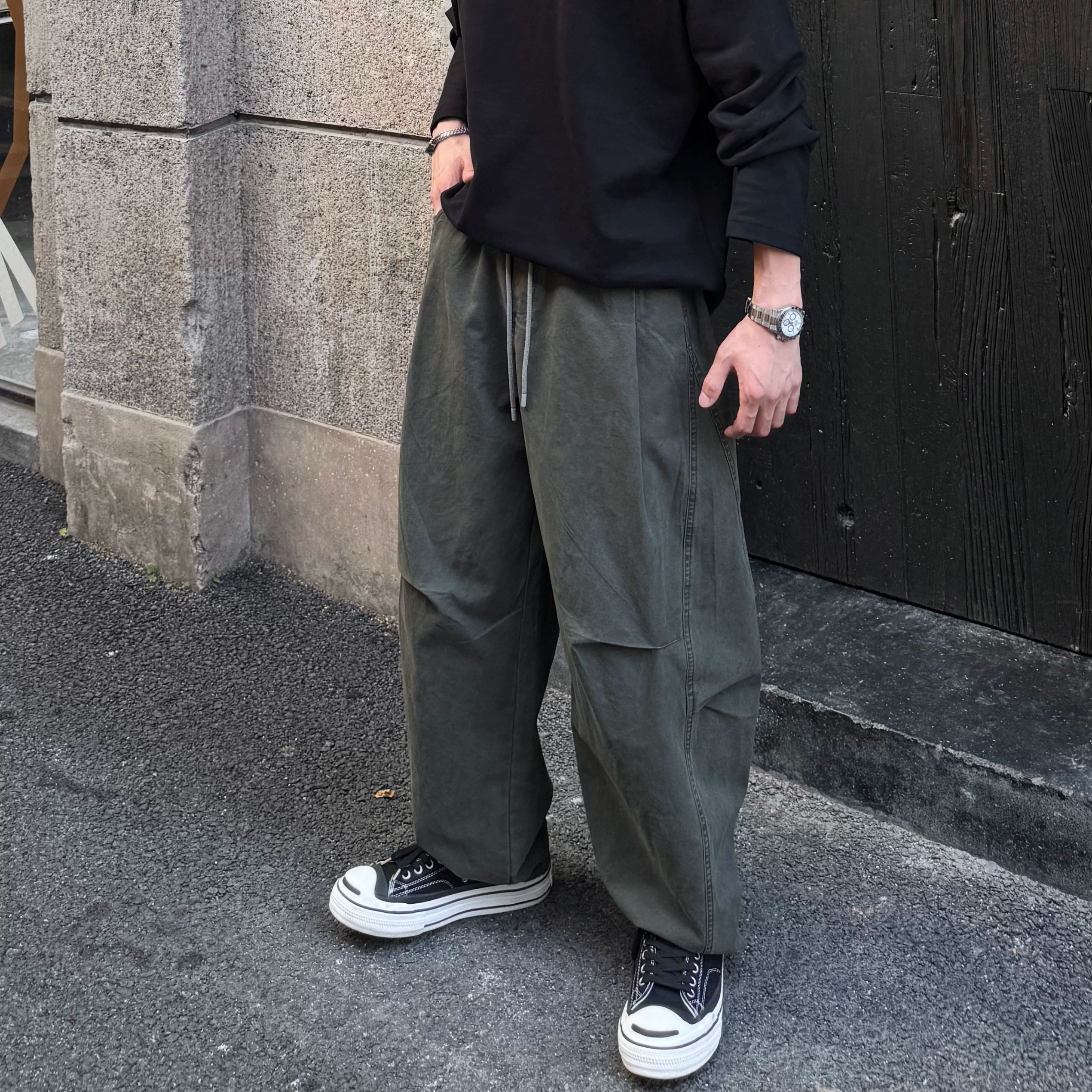 大码300斤水洗弯刀工装裤男潮牌宽松百搭阔腿休闲裤纯色直筒长裤