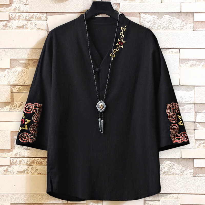 特大码300斤中国风复古刺绣衬衫新中式棉麻短袖T恤男士V领上衣夏