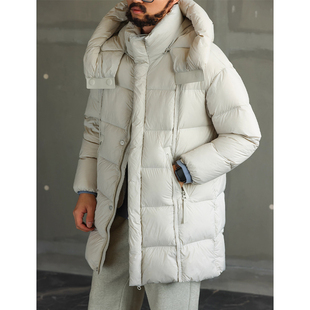 大码宽松连帽羽绒服男士冬季新款鸭绒保暖加厚中长款立领大衣外套