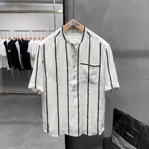 大码300斤男士亚麻条纹短袖衬衫