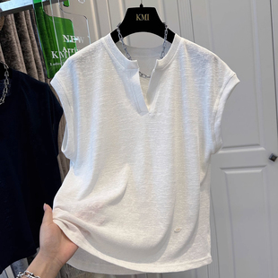 轻薄宽松无袖 T恤男女夏季 上衣 300斤极简风剪刀领冰丝小飞袖 特大码