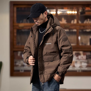 大码美式宽松连帽羽绒服男冬季潮牌派克服保暖加厚外套工装夹克男