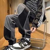 大码 加绒加厚潮牌束脚设计感休闲卫裤 撞色拼接灯芯绒裤 子男秋冬款