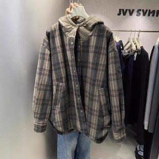 大码300斤夹棉加厚尼料格子宽松衬衫男款大外套秋冬宽松叠穿上衣2