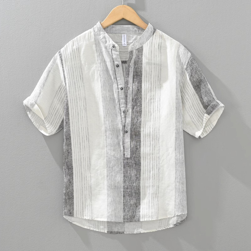 大码亚麻休闲立领条纹短袖衬衫男士T恤薄款日系棉麻衬衣宽松透气