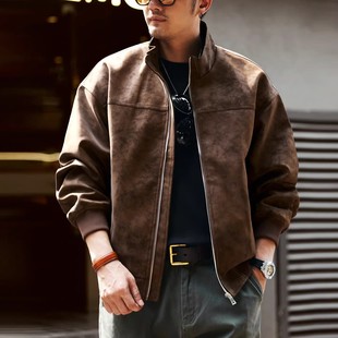 大妈妈美拉德机车扎染立领男士 PU皮衣外套秋冬加厚休闲立领夹克潮