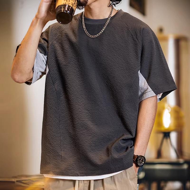 大码美式复古华夫格短袖男夏季新款微宽松肌理感拼色男士圆领t恤,男装,T恤,淘宝优惠券,粉丝福利购,淘宝优惠卷