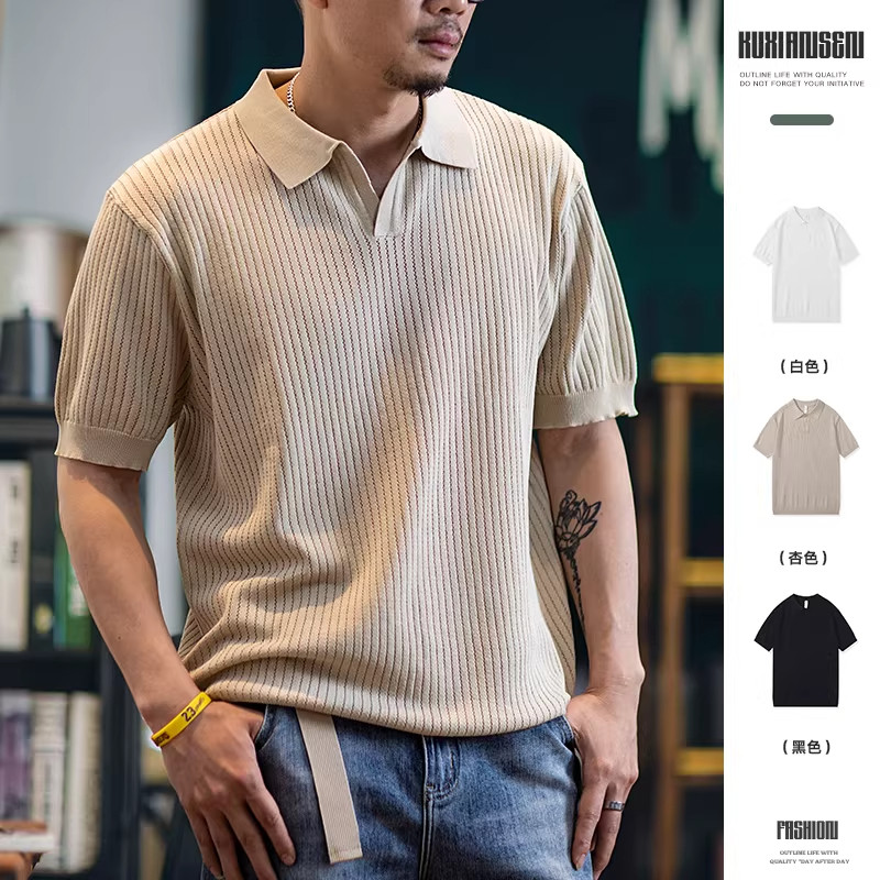 大码美式V领冰丝Polo衫短袖男新款宽松针织衫T恤夏季纯色翻领上衣,男装,T恤,淘宝优惠券,粉丝福利购,淘宝优惠卷