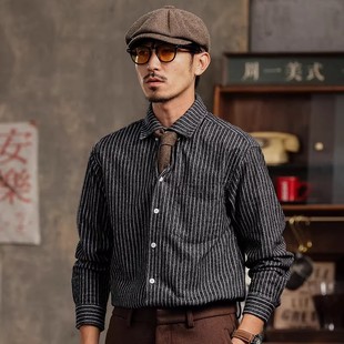 大码美式经典复古条纹衬衫男士春秋季长袖休闲外套纯棉宽松衬衣男