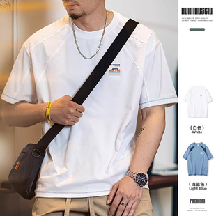 大码美式薄款短袖t恤男夏季新款微宽松休闲圆领半袖运动上衣男款