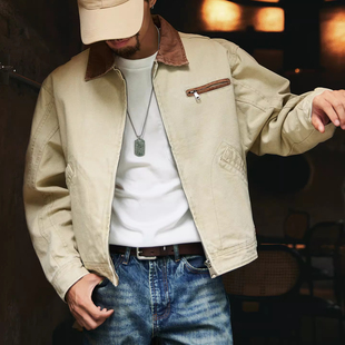 大码美式巴恩风撞色翻领卡哈特工装夹克男春秋新款翻领猎装短外套