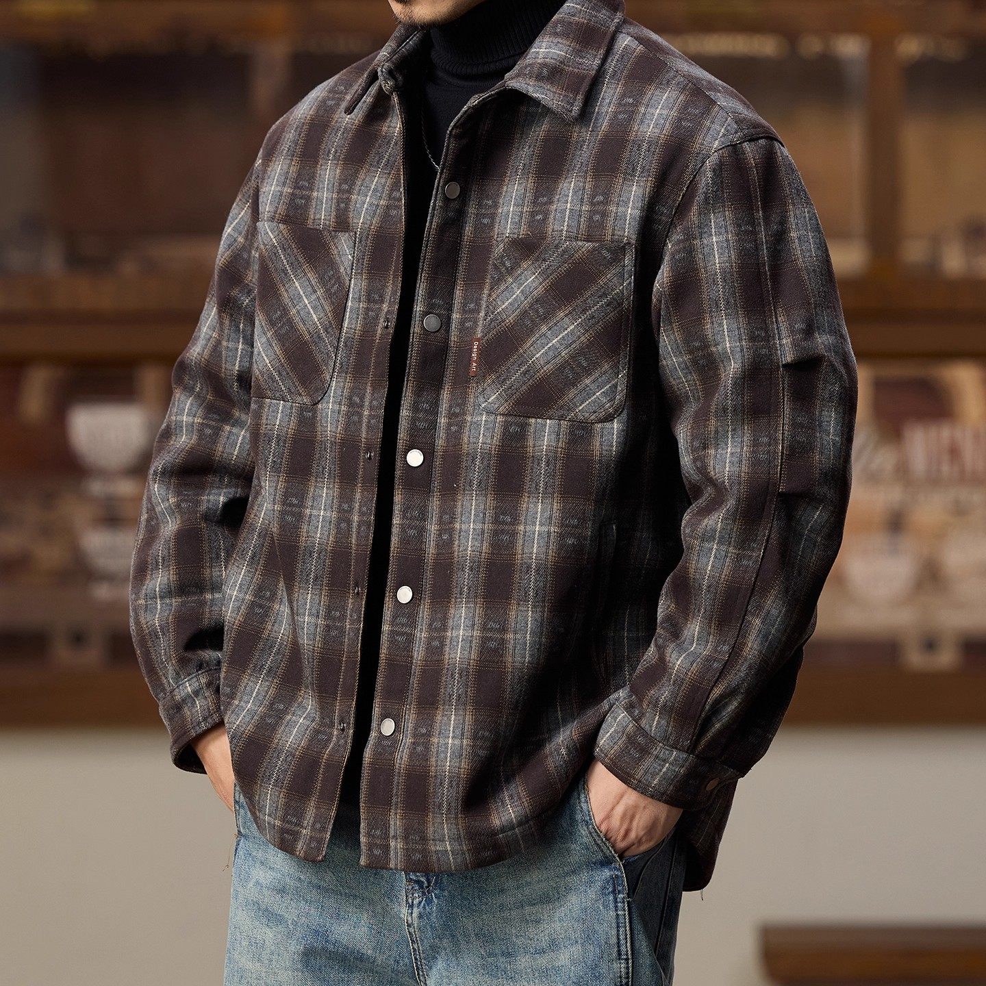 大码美式复古轻薄格子羽绒服男