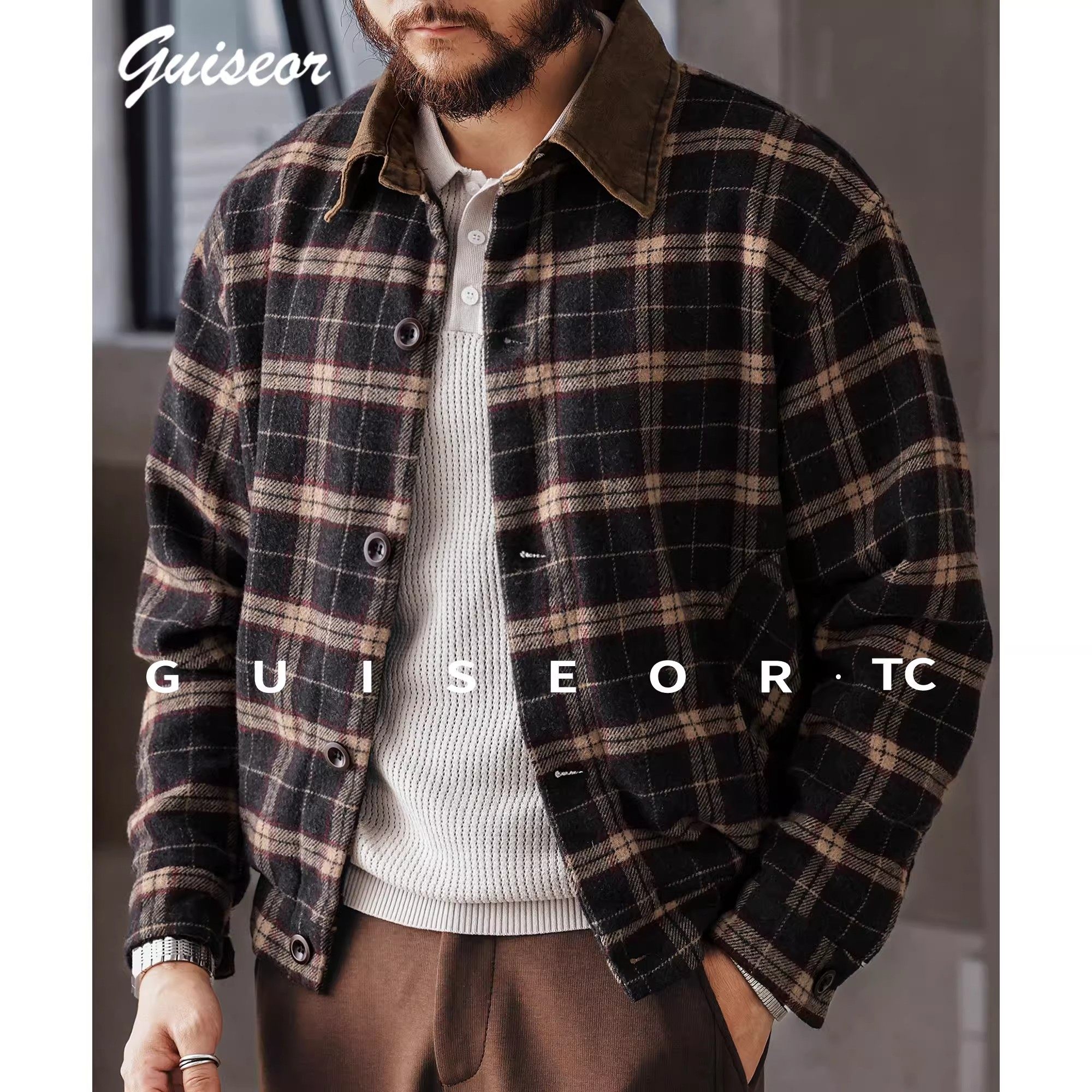 大码美式羊毛混纺绒面色织外套男春秋新款复古美拉德拼接格子夹克,男装,夹克,淘宝优惠券,粉丝福利购,淘宝优惠卷