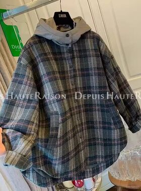 特大码毛呢格子衬衫棉服外套男