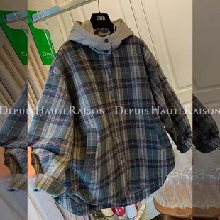 特大码300斤毛呢格子衬衫棉服外套男女秋冬宽松加厚连帽夹克上衣2