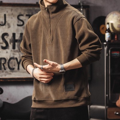 大码美式复古半拉链立领卫衣男