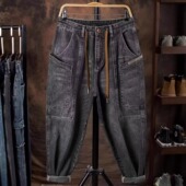 牛仔裤 休闲哈伦裤 男士 宽松大口袋大码 子男 潮牌春秋季 日系复古工装