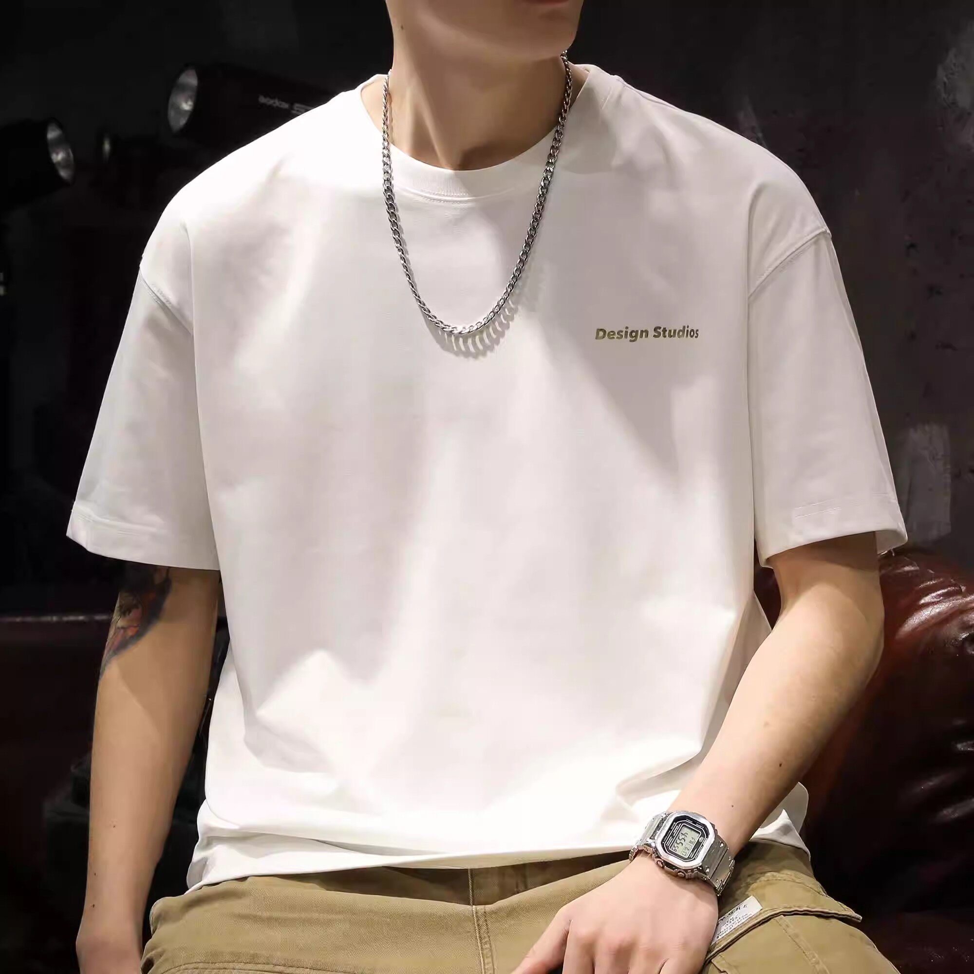 大码美式重磅短袖t恤男夏季潮牌新款纯棉宽松白色圆领打底衫体恤