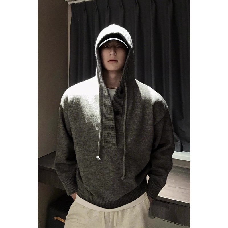 大码300斤美式复古连帽毛衣男秋冬款慵懒cleanfit针织衫卫衣外套