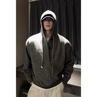 大码300斤美式复古连帽毛衣男秋冬款慵懒cleanfit针织衫卫衣外套