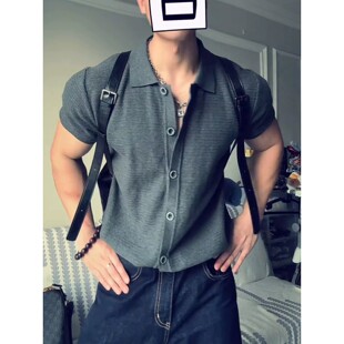 大码300斤针织POLO衫男夏薄款宽肩修身短袖冰丝收腰短款正肩开衫