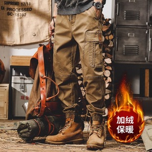 大码300斤美式重磅复古工装裤男秋冬宽松直筒潮牌加绒束脚休闲裤2