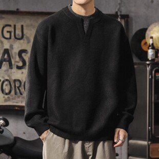 大码冬季复古v领假两件毛衣男高级感内搭针织衫慵懒松弛感毛线衣