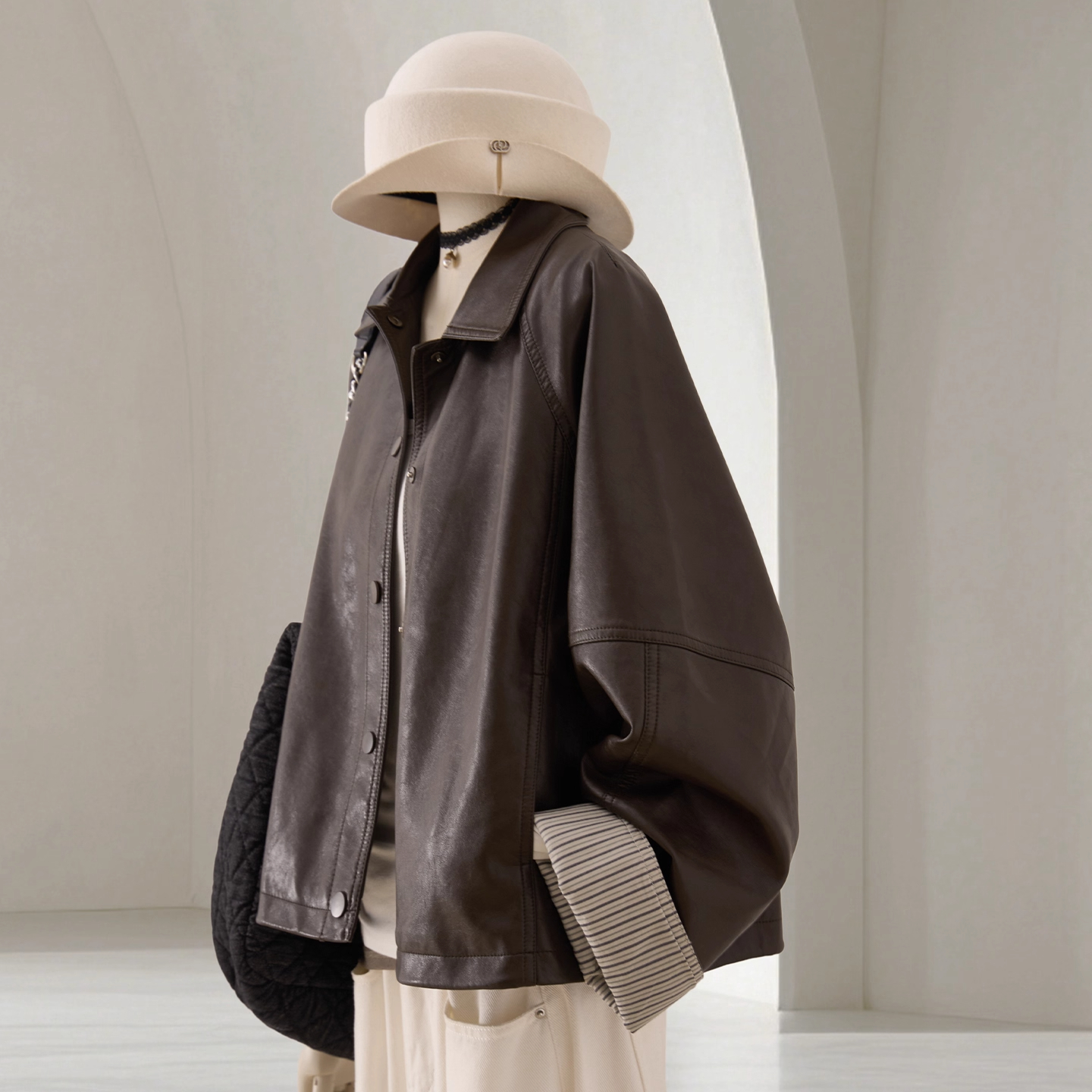 大码300斤棕色PU皮外套男女