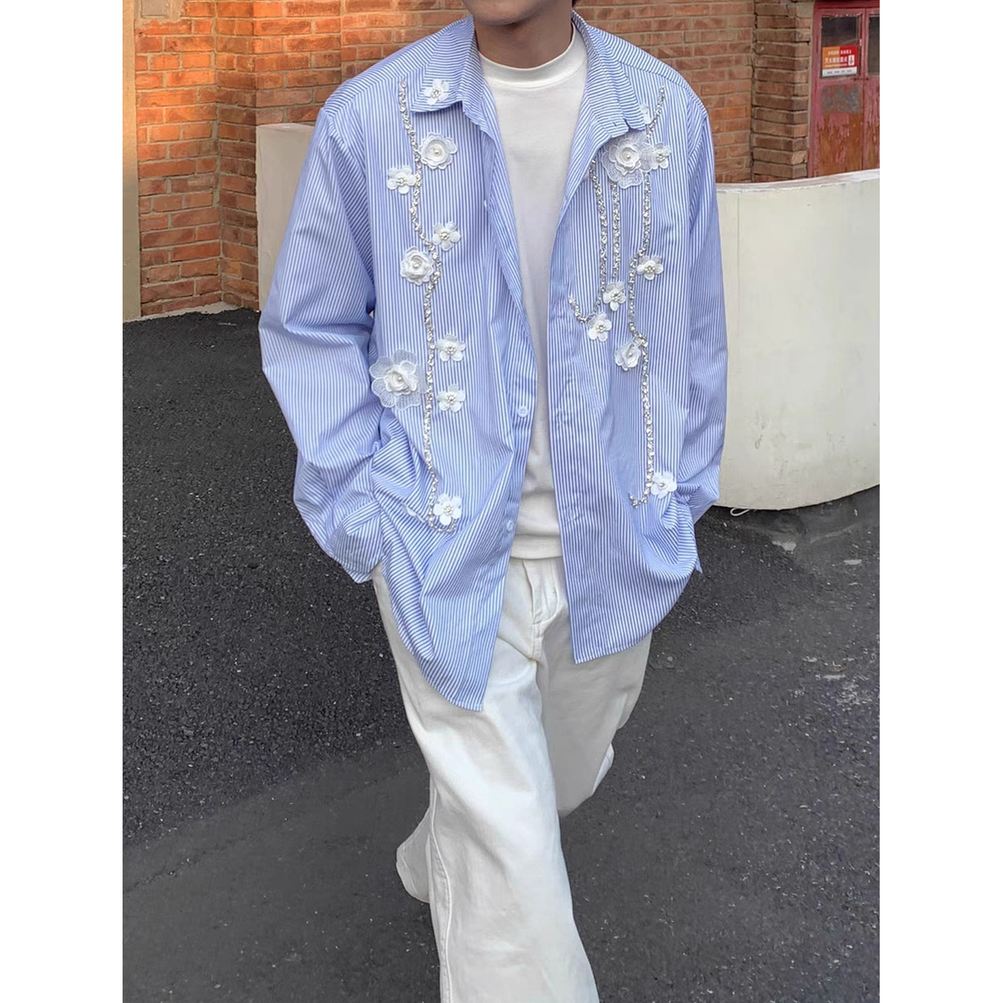 大码立体订花蓝色条纹衬衫男长袖美式复古宽松休闲高级感衬衣外套