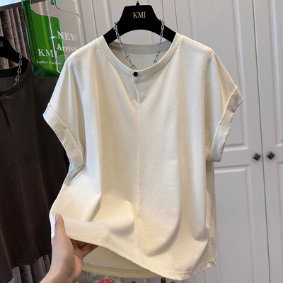 大码设计感纽扣纯色短袖T恤男女