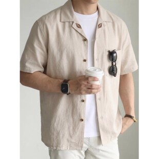 大码老钱风透气天丝亚麻混纺夏季新款古巴领短袖衬衫男士休闲衬衣