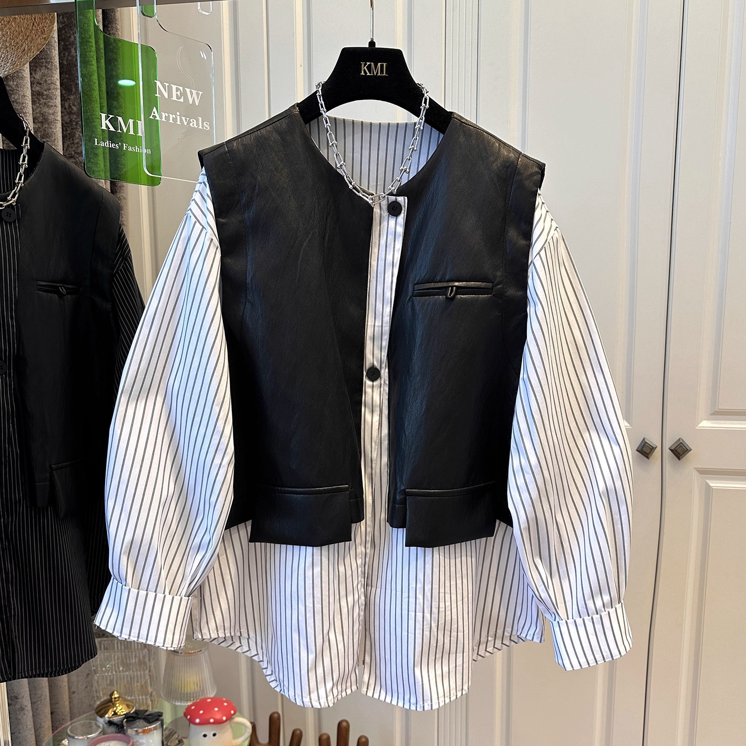 大码300斤春秋款无袖PU皮马甲拼接条纹衬衫男女外套宽松慵懒上衣