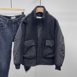 特大码美式立领羊羔毛拼接棉衣男女装冬季颗粒绒外套宽松工装棉服