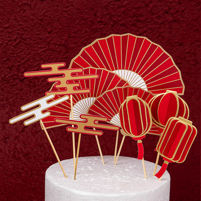 国潮风生日蛋糕装饰扇子祥云灯笼