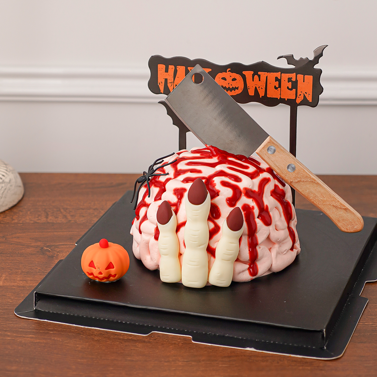 2025万圣节脑花蛋糕装饰软胶南瓜摆件小菜刀插件万圣节恐怖装扮