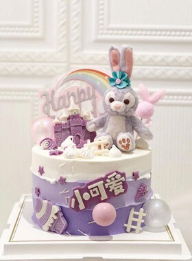 兔兔蛋糕装饰品摆件网红紫色兔子公主生日毛线公仔彩虹插件